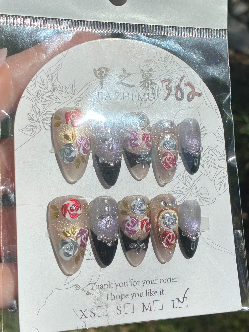 Floral Rose Rhinestone Press-On Nails | Coquette Dark Floral Almond Nail Set L - Picture 3 of 3